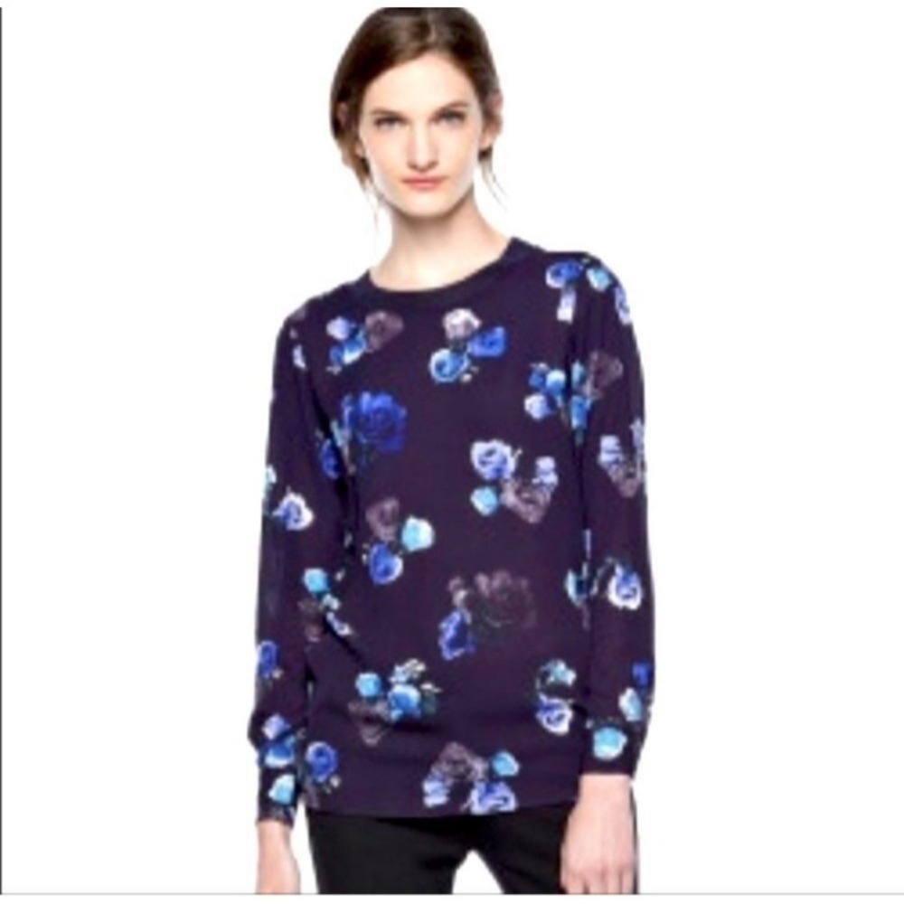 Thakoon Tunic Top Blue Rose‎ Print Polyester Long Cuff Sleeve Hi/Low Hem SZ M